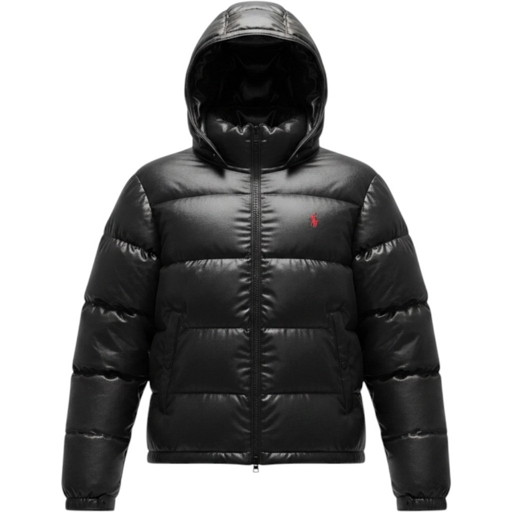 Polo Ralph Lauren Mens Shiny Black Hooded Puffer Jacket Performance Coat L NEW